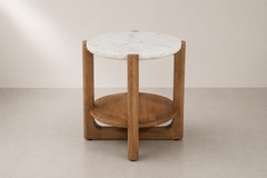 Round Marble Top Side Table with Wooden Base & Lower Storage Shelf