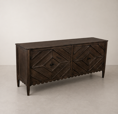 Distressed White Geometric Carved Sideboard with Scalloped Detailing & Tapered Legs