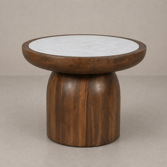 Round Wooden Side Table with Marble Inset Top & Sculptural Pedestal Base