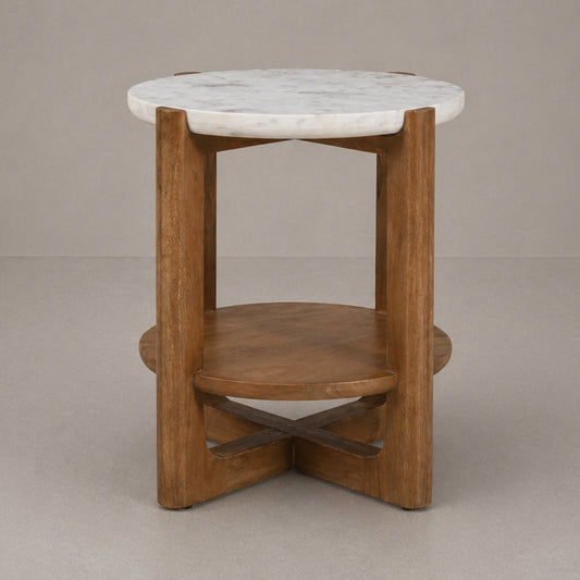 Round Marble Top Side Table with Wooden Base & Lower Storage Shelf