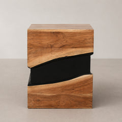Sculptural Wooden Cube Side Table with Black Contrast Core